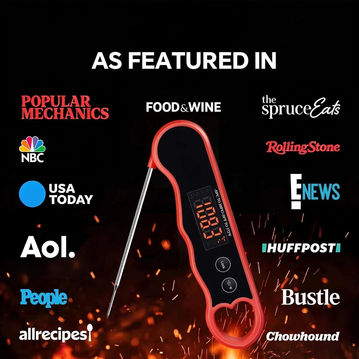 Meat thermometer checking grilled food