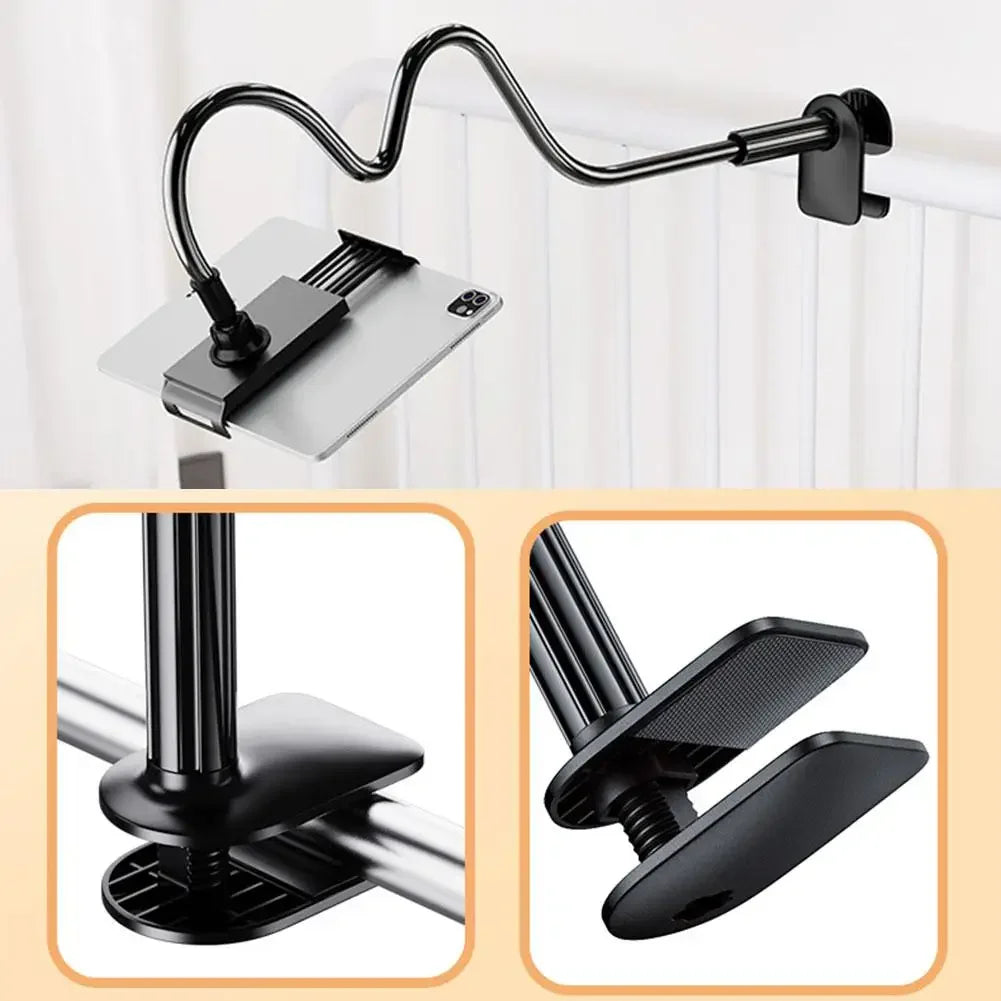 Adjustable gooseneck stand holding a tablet