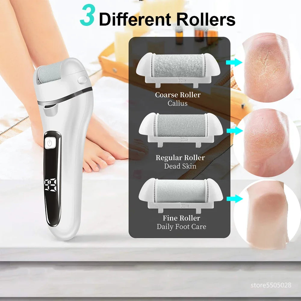 Rechargeable foot file with three roller heads