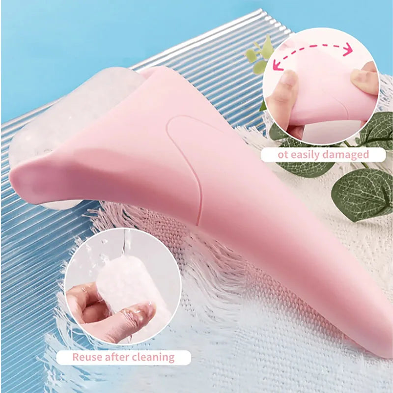 Person using facial ice roller on cheek