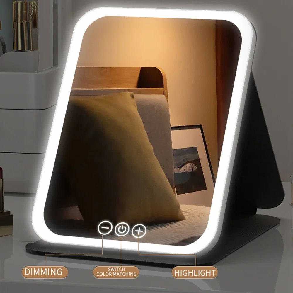 Tri-fold LED vanity makeup mirror