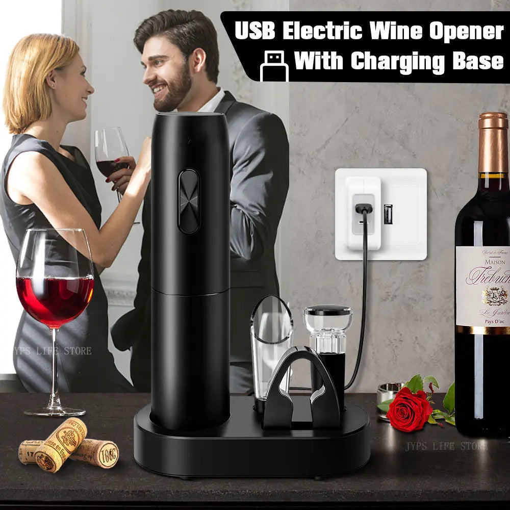 Rechargeable automatic wine corkscrew on charging base