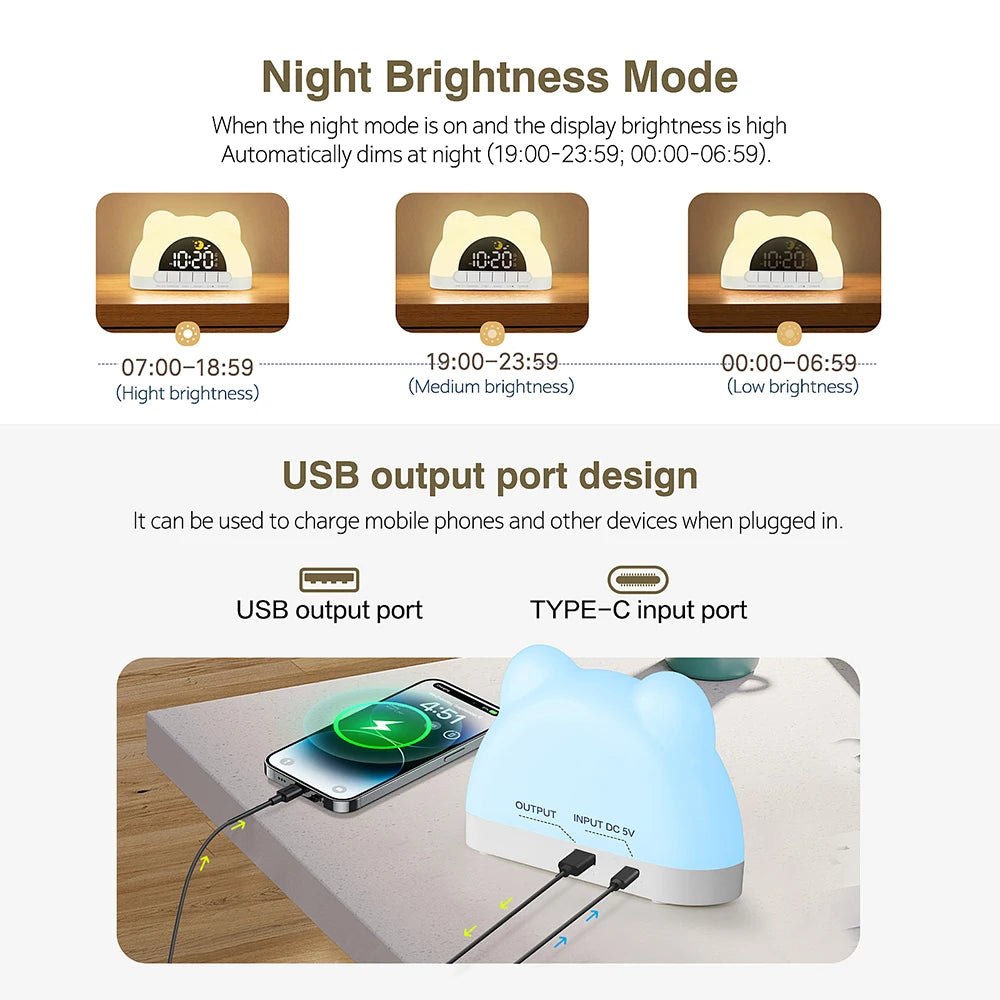 Color night light alarm clock on nightstand