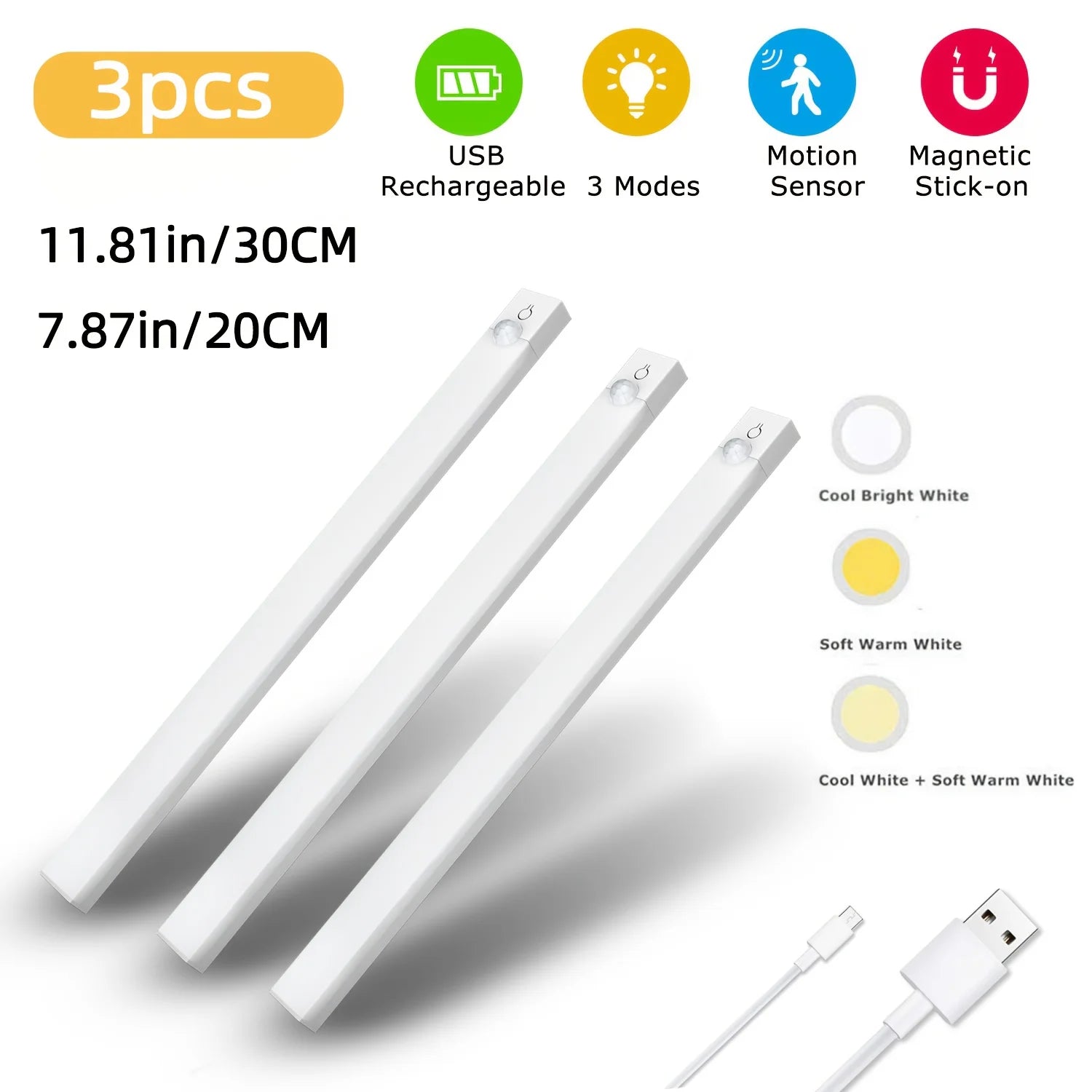 Three rechargeable motion sensor LED light bars