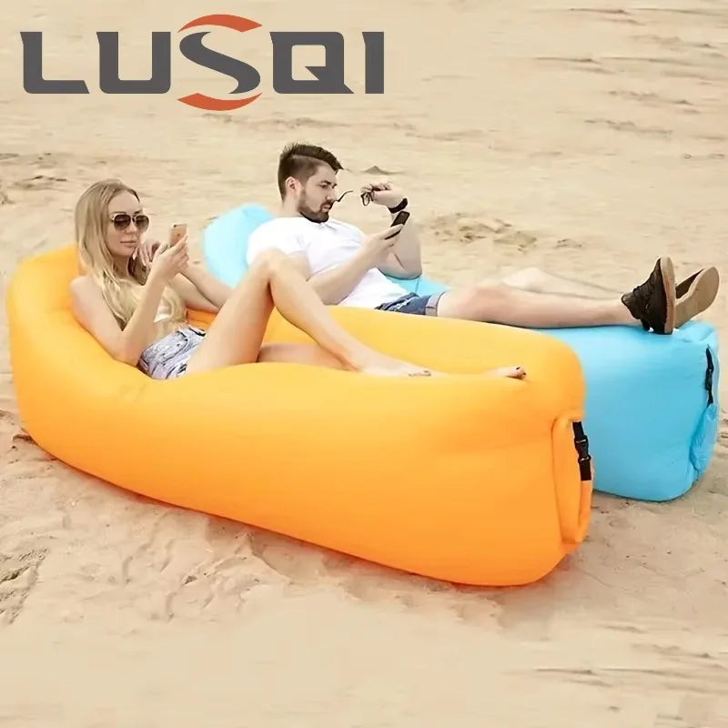 Air lounger packed into carry pouch