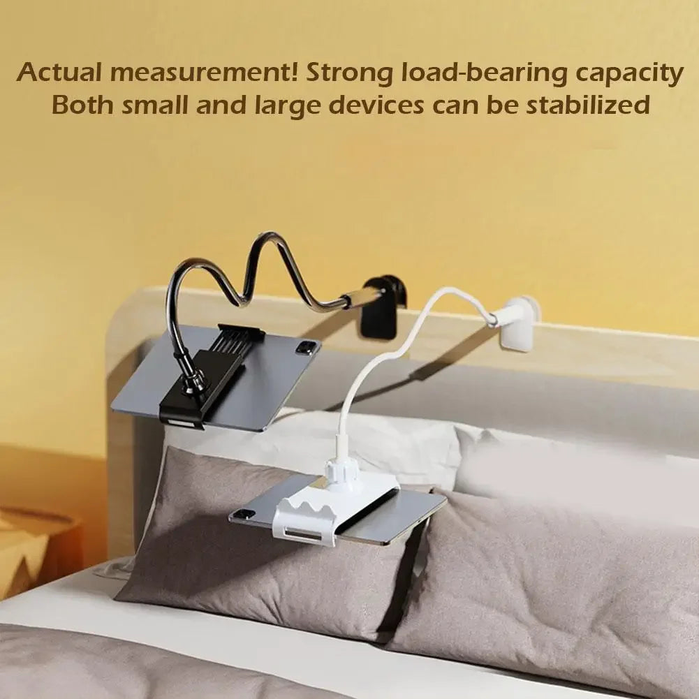 Long-arm lazy holder clamped to a bed frame