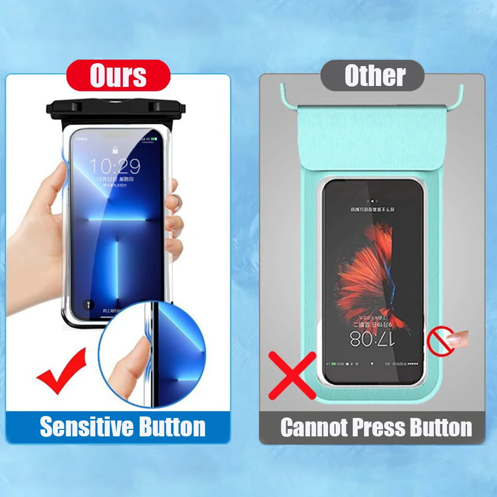 Waterproof phone pouch in use at the pool