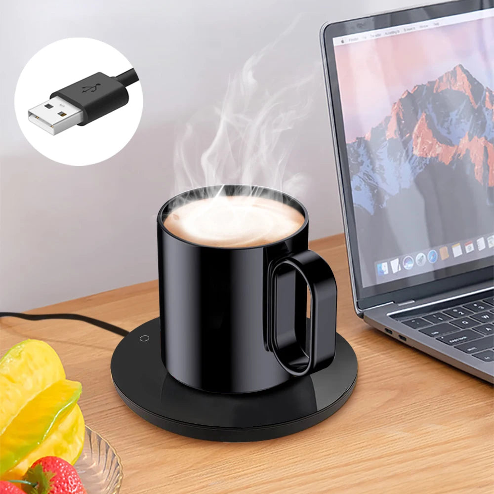 USB coffee mug warmer with mug on desk