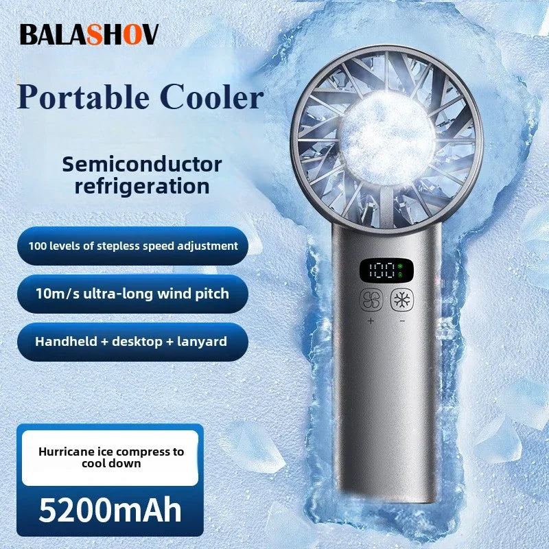 Handheld folding cooling fan held in hand