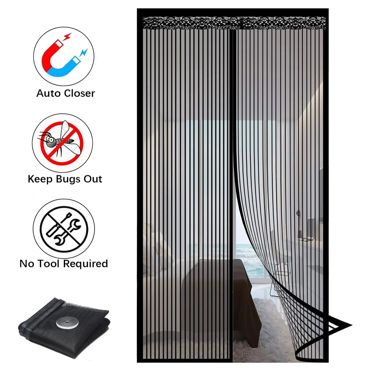 Magnetic mesh screen door curtain with auto-close magnets