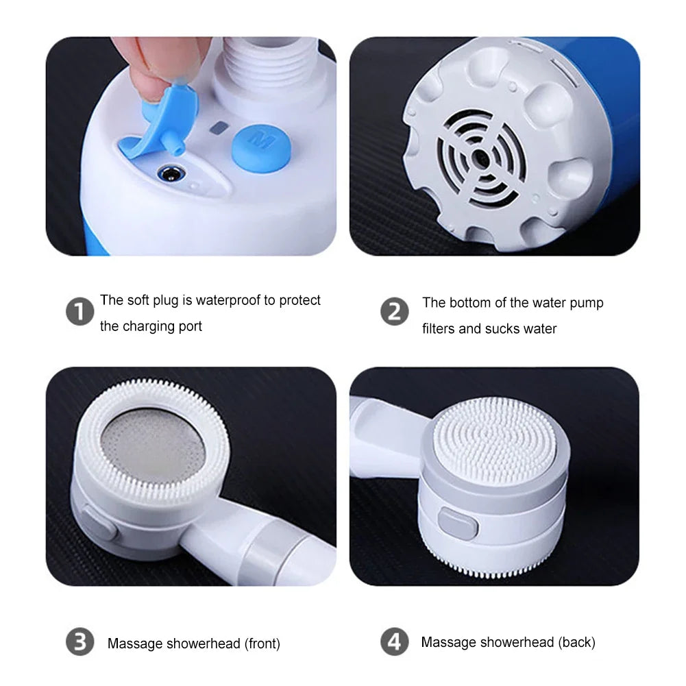 Camping shower pump with digital display and hose