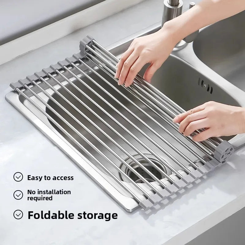 Roll-up dish drying rack over a sink