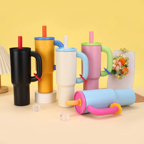 40oz insulated tumbler with handle and straw in multiple colors