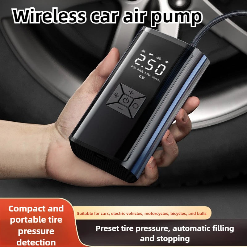 Cordless portable tire inflator with digital display held in hand