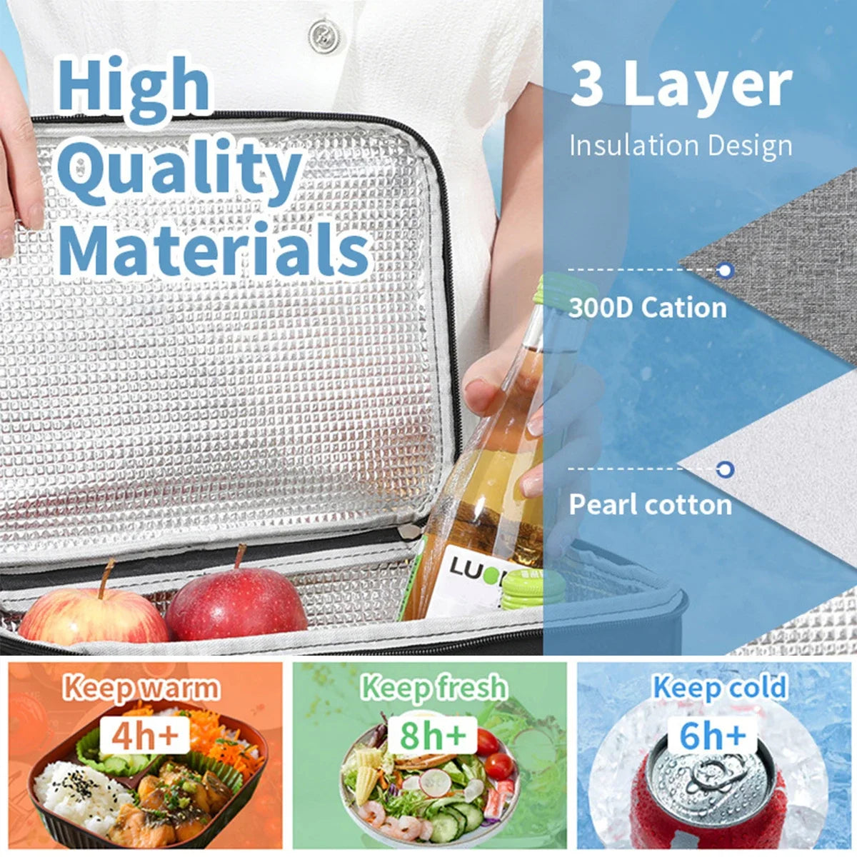 Insulated cooler lunch bag with 3-layer lining