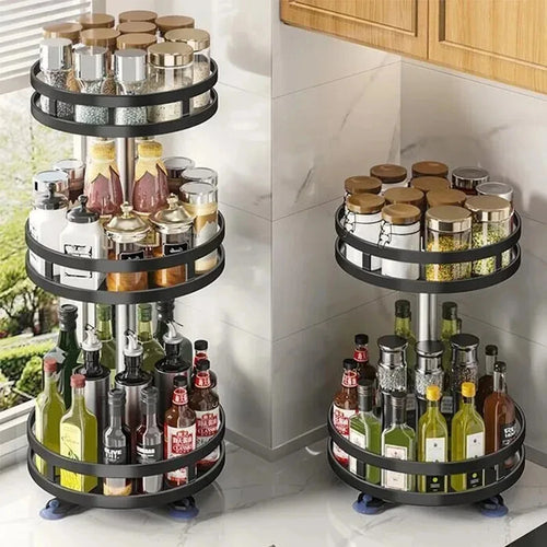 Rotating spice carousel filled with jars