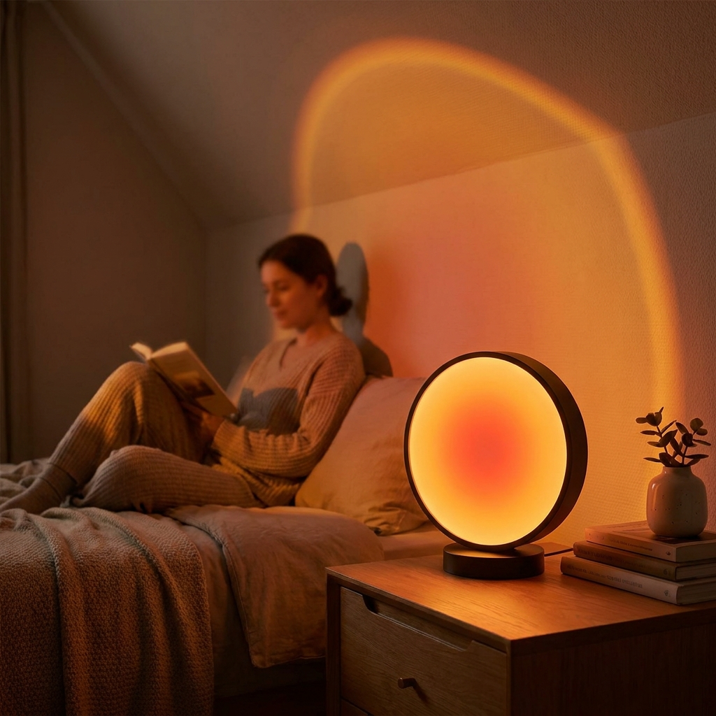 Sunset projection lamp glowing in a cozy bedroom in use