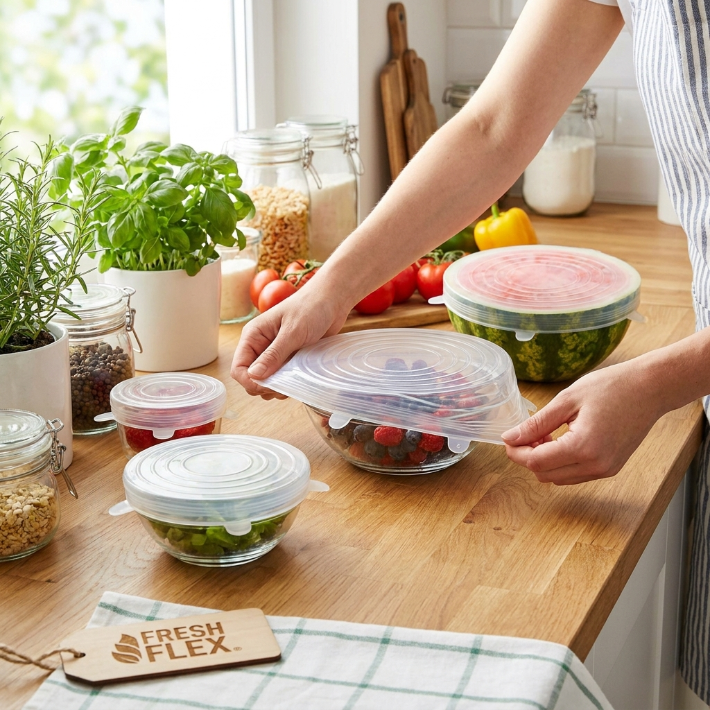 Reusable silicone stretch lids in use covering bowls in a kitchen