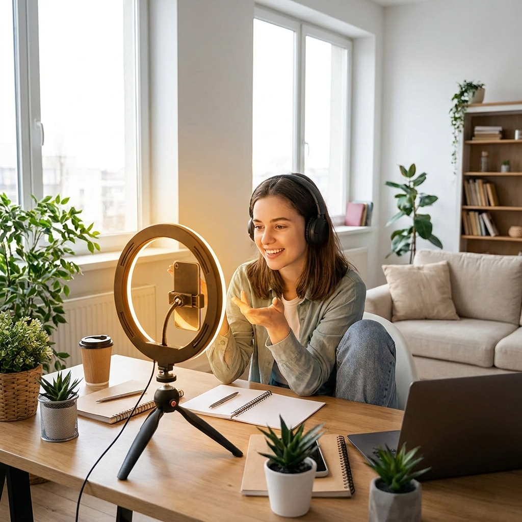 Phone tripod with LED ring light in use by content creator