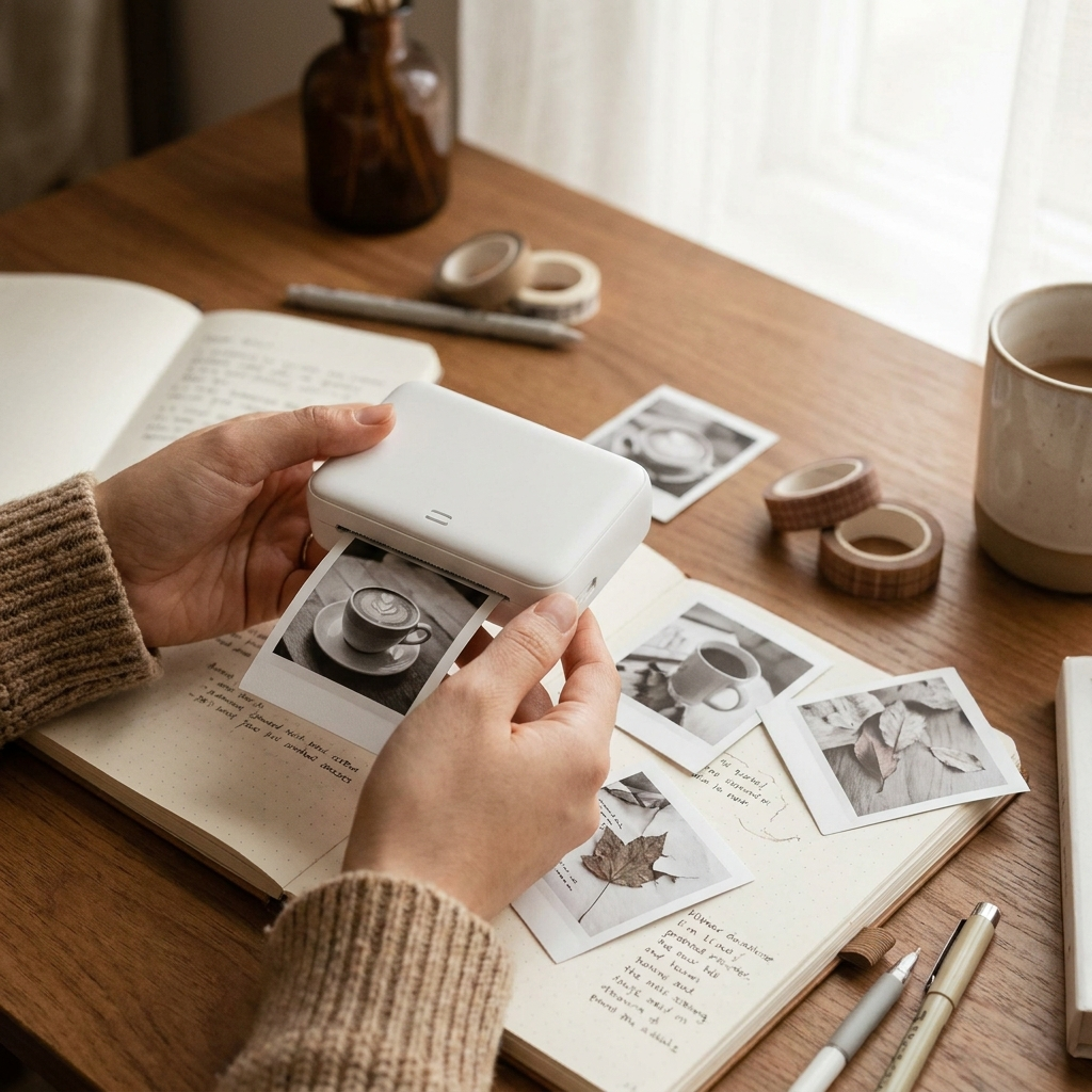Pocket thermal photo printer printing photos in use