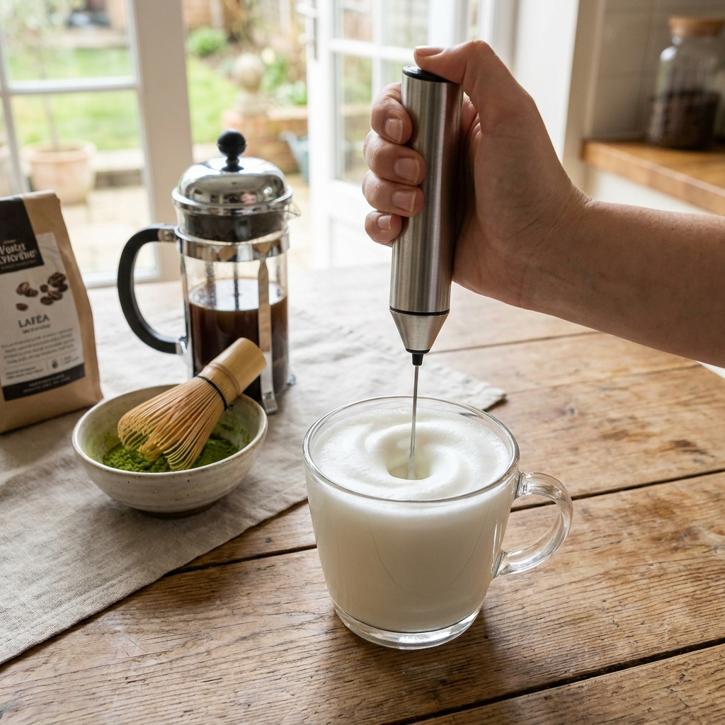 Handheld milk frother frothing milk in use