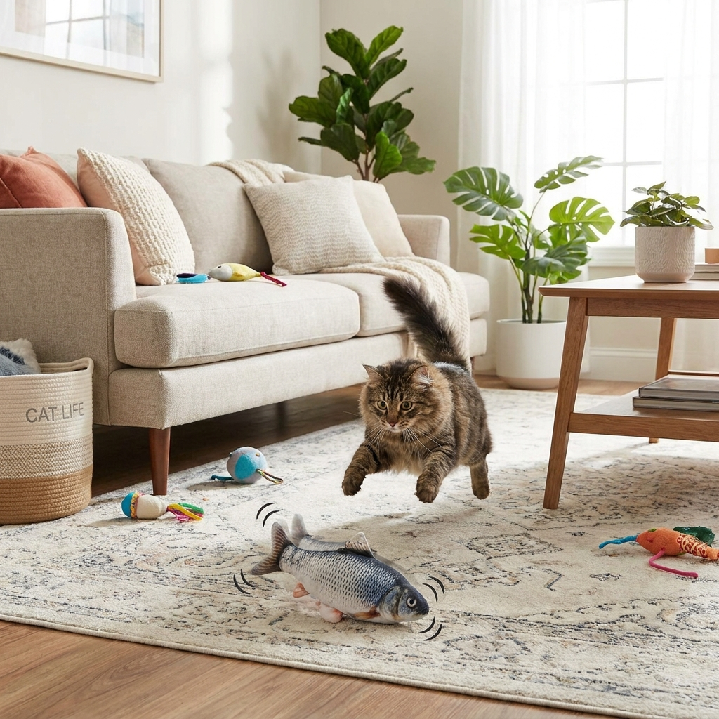 Cat playing with flopping fish cat toy in use