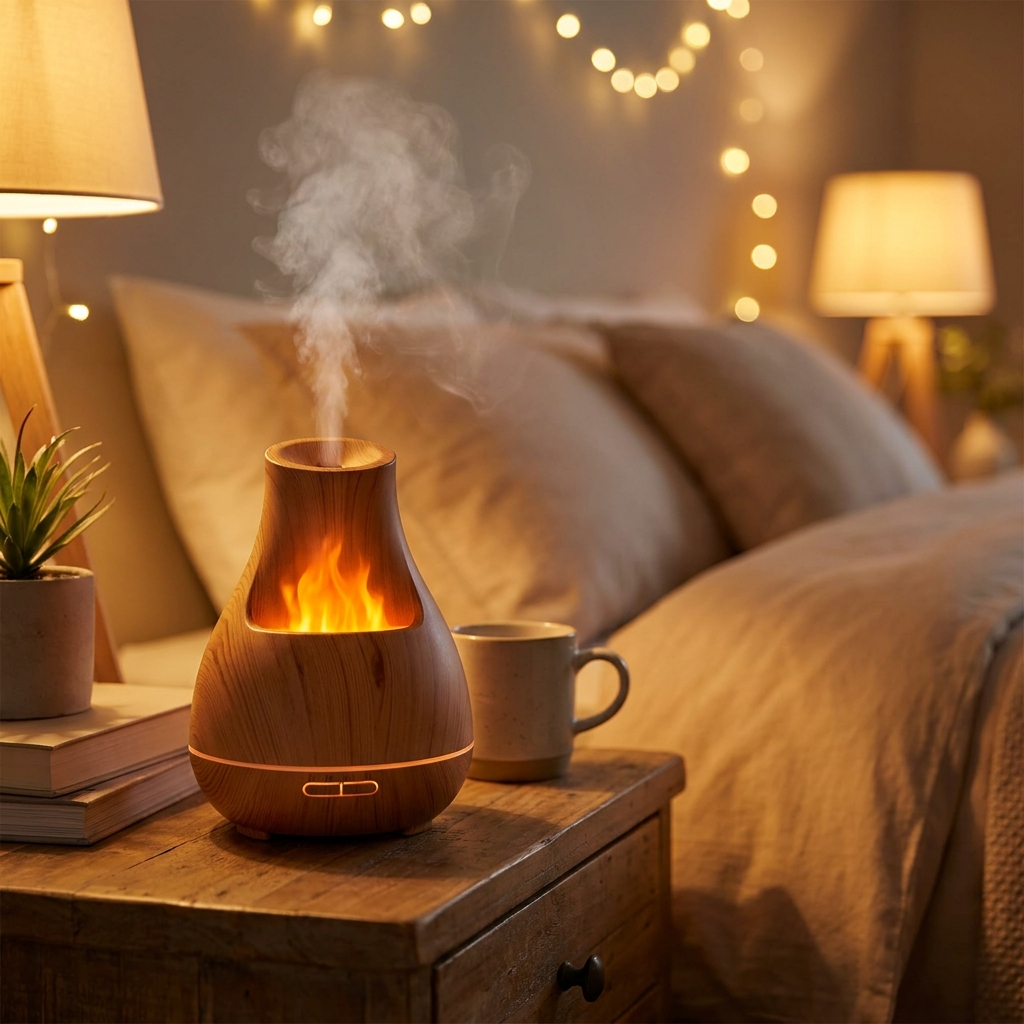 Flame aroma diffuser glowing on nightstand in use