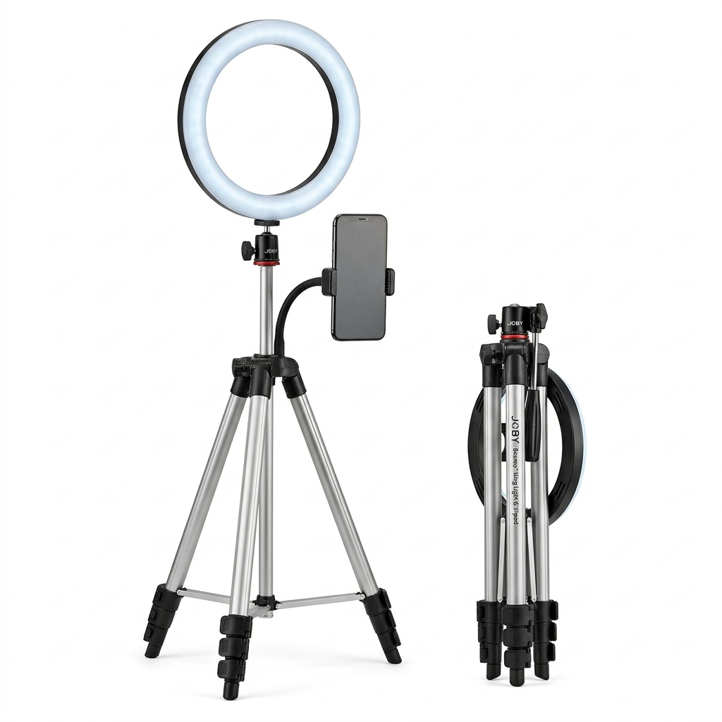 Phone tripod with ring light detail shot