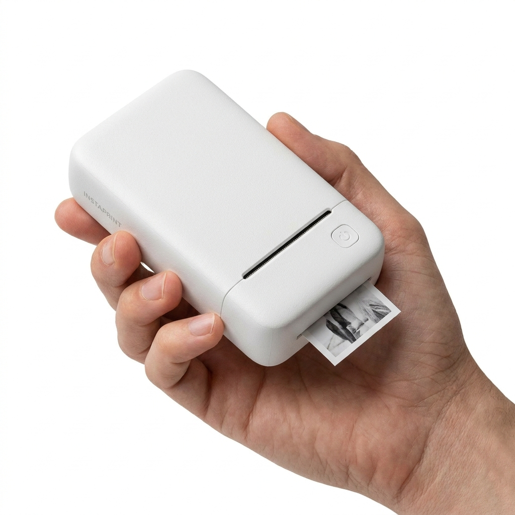 Pocket thermal printer held in hand detail shot