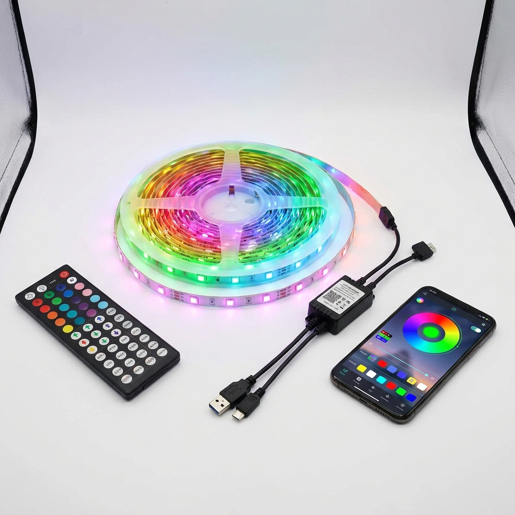 RGB LED strip lights with controller detail shot