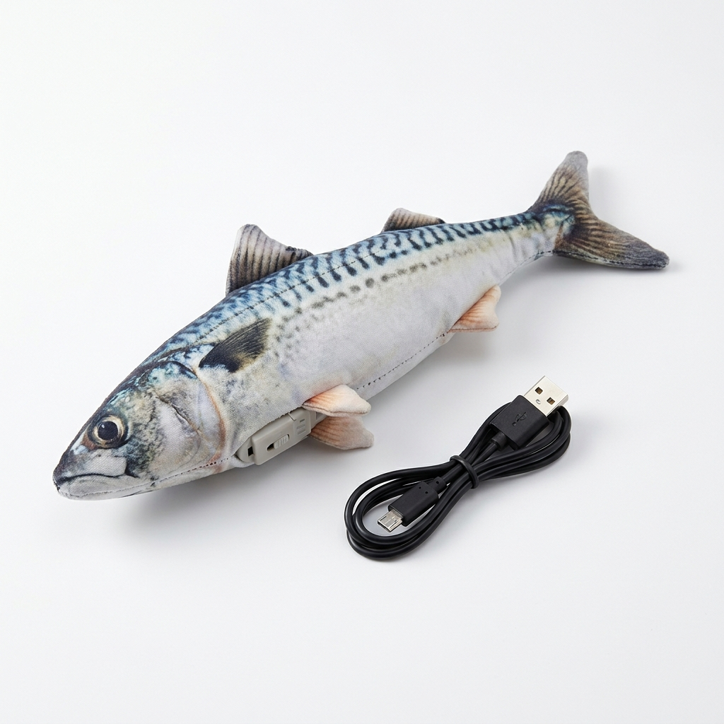 Flopping fish cat toy with charging cable detail shot