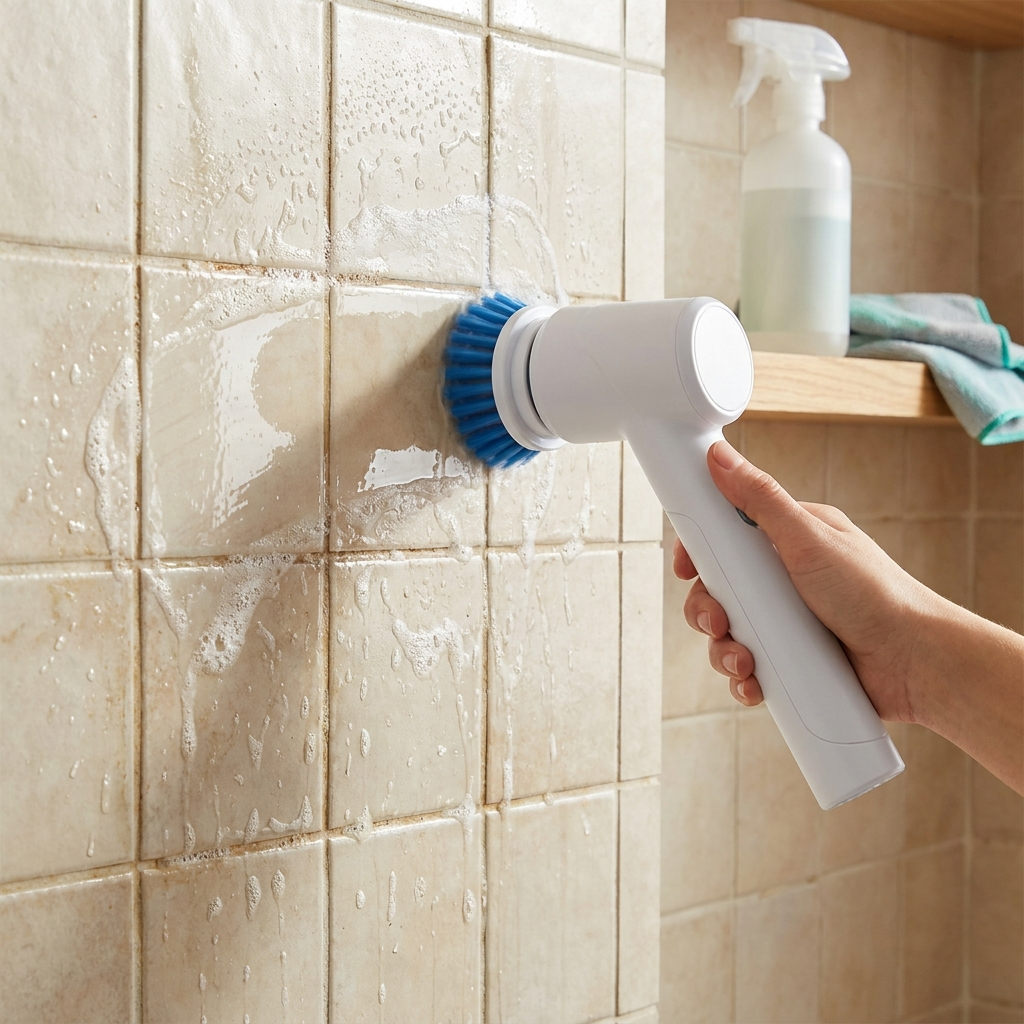 Cordless electric spin scrubber cleaning bathroom tiles in use