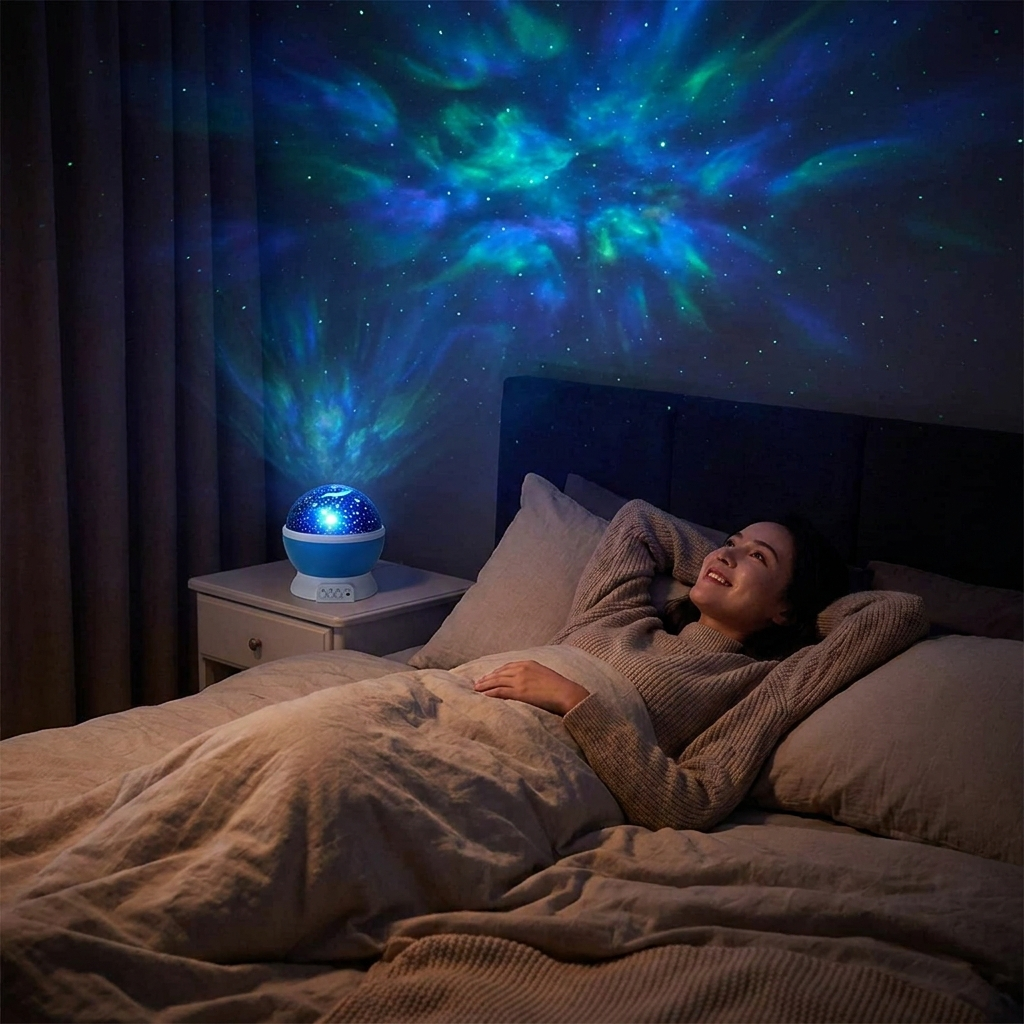 Galaxy star projector casting nebula across bedroom in use