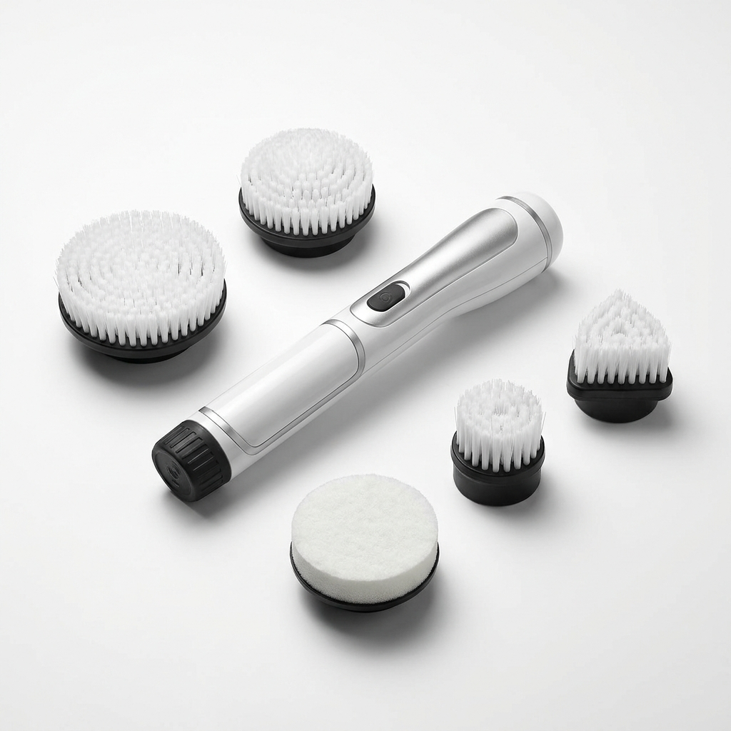 Cordless spin scrubber with brush heads detail shot