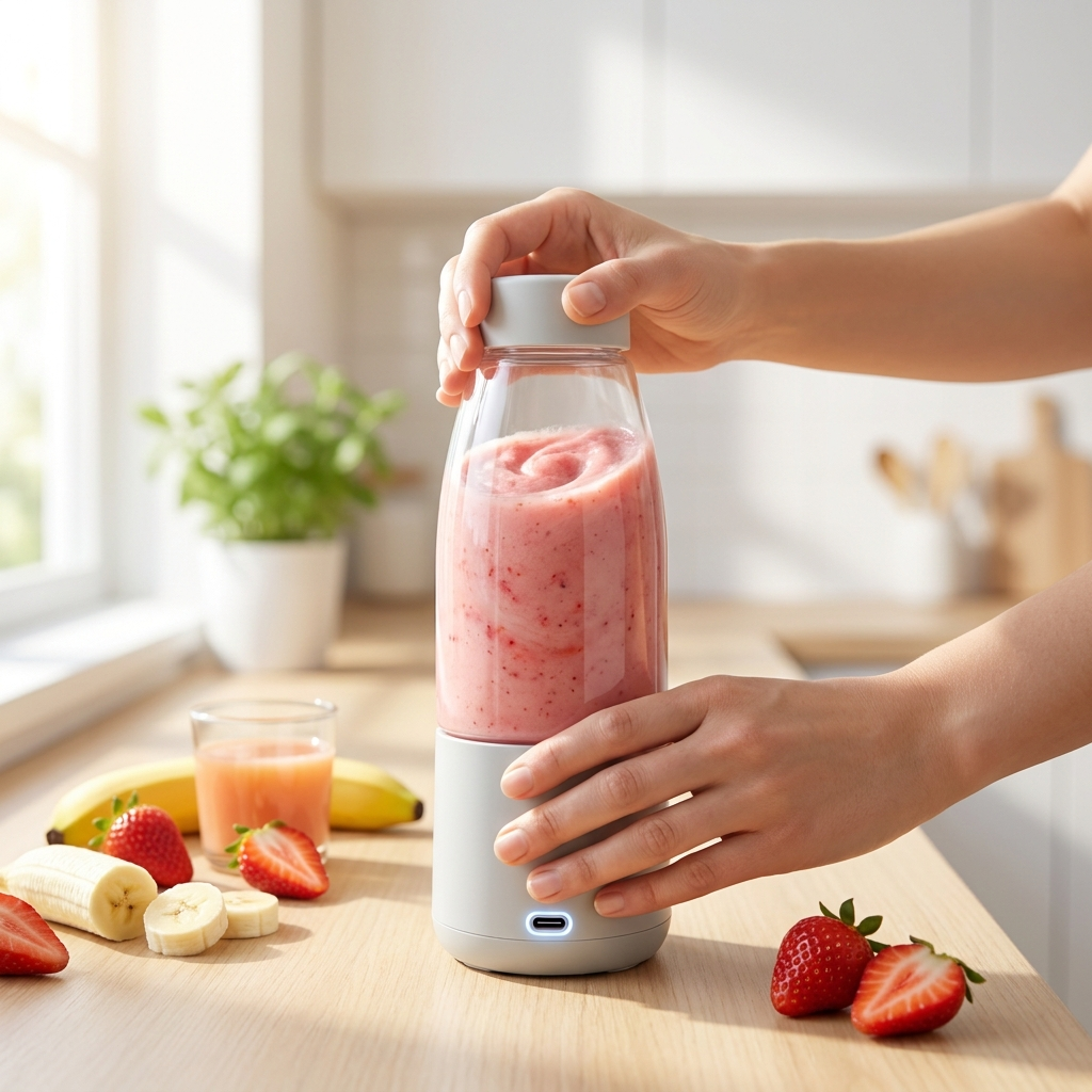 Person blending a fresh strawberry-banana smoothie with the portable USB rechargeable blender bottle on a kitchen counter
