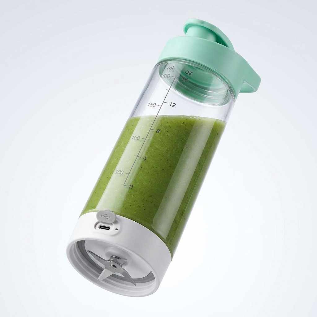 Detail angle view of the portable USB rechargeable blender bottle showing the blade base, USB-C charging port and flip lid